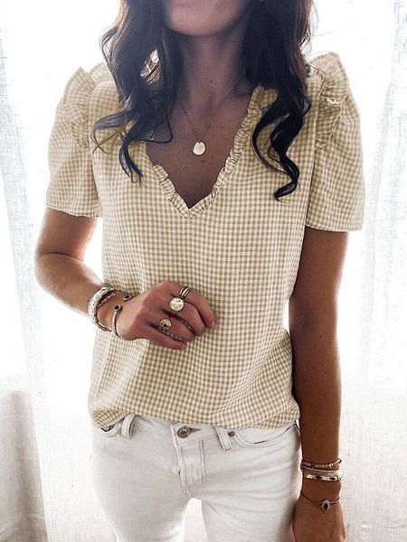 women's blouses & shirts 2021 summer women blouse v neck ruffles plaid short sleeved shirt fashion casual elegant office beach, White
women's blouses & shirts 2021 summer women blouse v neck ruffles plaid short sleeved shirt fashion casual elegant office beach, White