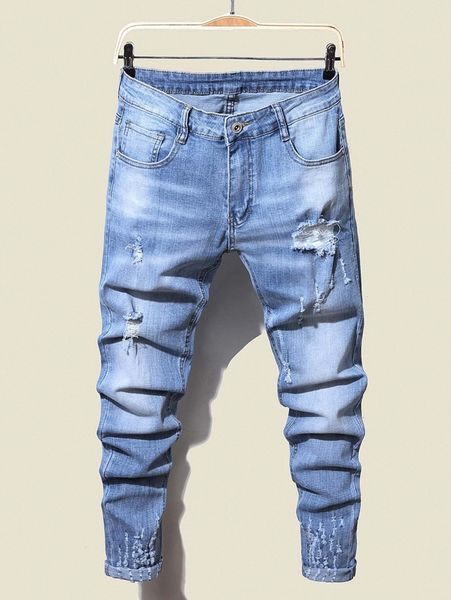 men ripped washed tapered jeans y0xp#, Blue