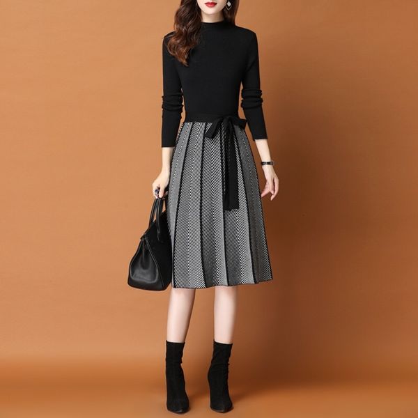 casual dresses elegant high collar pleated bandage knit women's patchwork thick warm striped office ladies sashes pullover sweater, Black;gray
casual dresses elegant high collar pleated bandage knit women's patchwork thick warm striped office ladies sashes pullover sweater, Black;gray