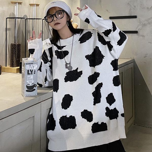 korean cool knit autumn lady cow harajuku loose street thick o neck pullover sweater, White;black
korean cool knit autumn lady cow harajuku loose street thick o neck pullover sweater, White;black