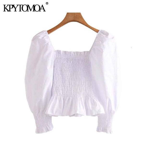 women 2021 sweet fashion elastic smocked cropped blouses vintage sleeves ruffled female shirts blusas chic women's, White
women 2021 sweet fashion elastic smocked cropped blouses vintage sleeves ruffled female shirts blusas chic women's, White