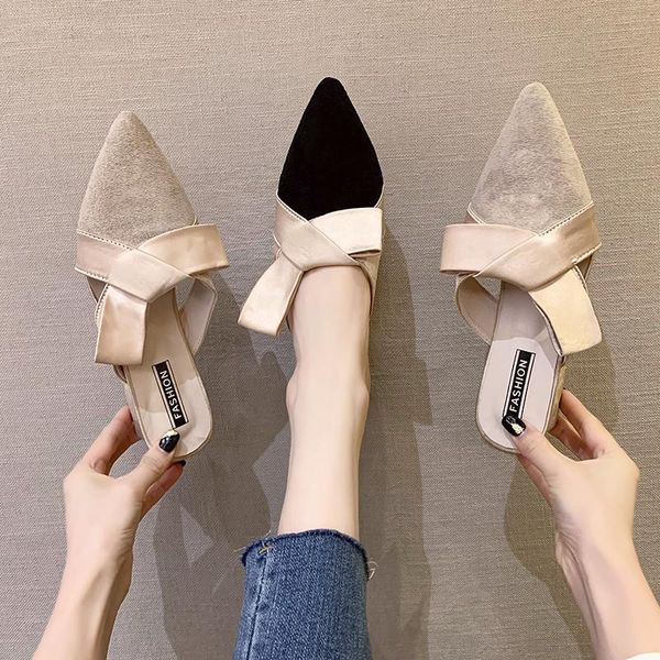 slippers baotou half summer fashion pointed elegant bowknot color matching square heel ladies muller shoes for outer wear., Black
slippers baotou half summer fashion pointed elegant bowknot color matching square heel ladies muller shoes for outer wear., Black