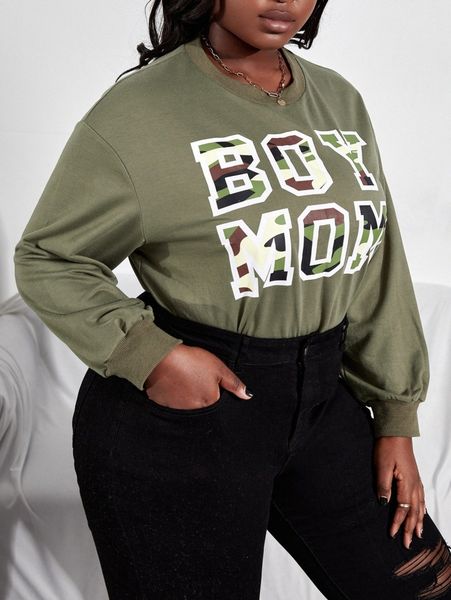 sxy plus camo & letter graphic drop shoulder sweatshirt d4qt#, Black
