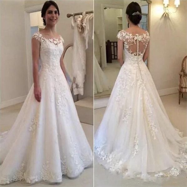 other wedding dresses elegant cap sleeves appliques lace buttons illusion back a-line bridal gowns robe de mariee vestido noiva, White
other wedding dresses elegant cap sleeves appliques lace buttons illusion back a-line bridal gowns robe de mariee vestido noiva, White