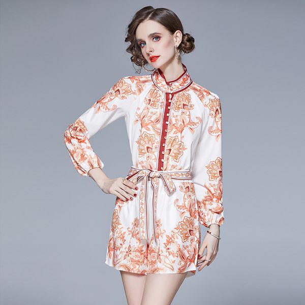 tracksuits fashion sport suit 2021 spring women's vertical collar multi button exquisite printing long sleeve shirt + waist tie shorts, Gray
tracksuits fashion sport suit 2021 spring women's vertical collar multi button exquisite printing long sleeve shirt + waist tie shorts, Gray
