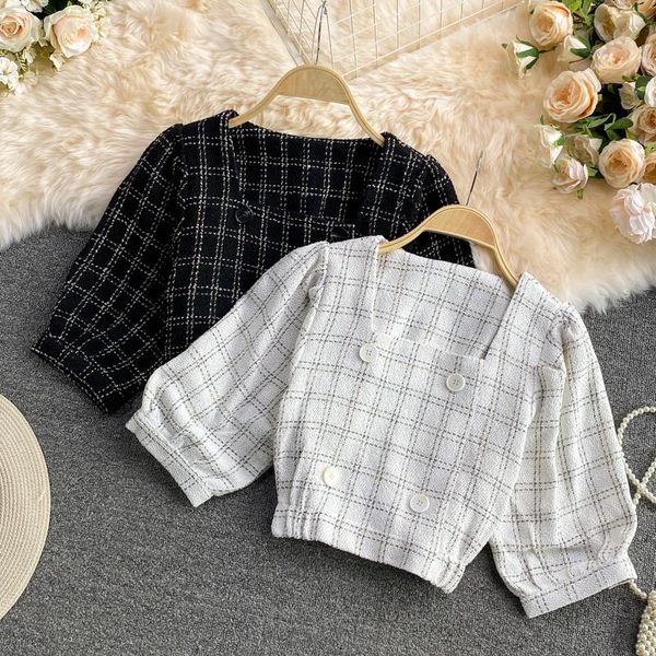 women's blouses & shirts elegant casual short plaid shirt mujer 2021 summer korean vintage blusas double breasted puff sleeve blouse wo, White
women's blouses & shirts elegant casual short plaid shirt mujer 2021 summer korean vintage blusas double breasted puff sleeve blouse wo, White