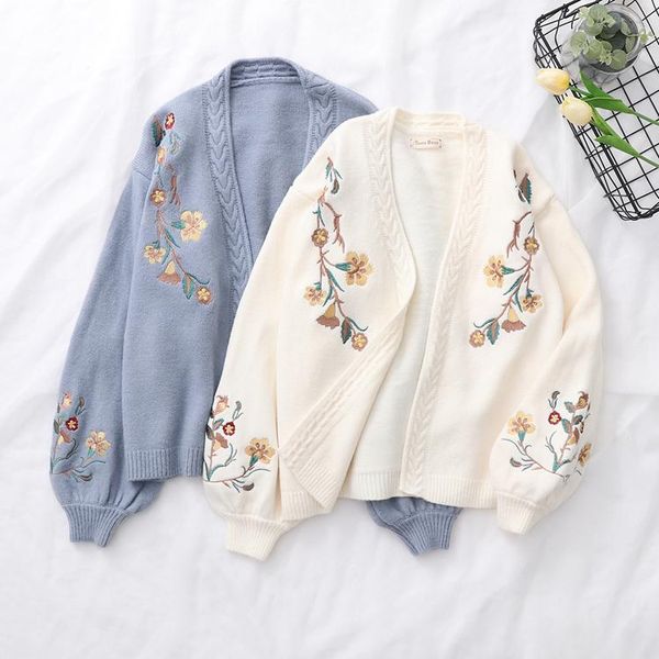 women's knits & tees autumn winter women sweater v neck beige blue knitted cardigan elegant floral embroidery warm sweet outerwear mori, White
women's knits & tees autumn winter women sweater v neck beige blue knitted cardigan elegant floral embroidery warm sweet outerwear mori, White