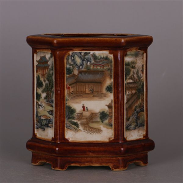 china old porcelain pastel hexagonal penholder character landscape painting vase, Brown
china old porcelain pastel hexagonal penholder character landscape painting vase, Brown