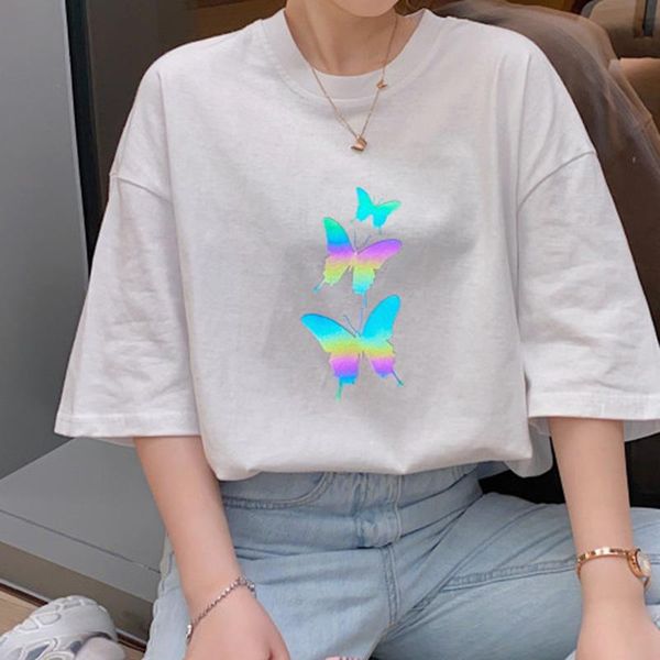 women's t-shirt casual butterfly reflective print t shirts women ins fashion o neck short sleeve tees, White
women's t-shirt casual butterfly reflective print t shirts women ins fashion o neck short sleeve tees, White
