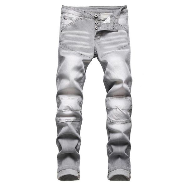 men's jeans gray patchwork stretch denim trendy buttons slim straight biker pants trousers, Blue
men's jeans gray patchwork stretch denim trendy buttons slim straight biker pants trousers, Blue