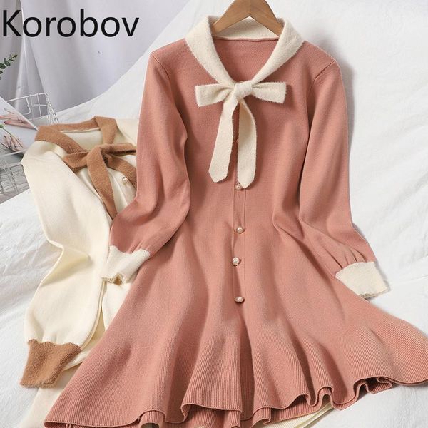 casual dresses korobov sweet single breasted knitted dress korean hit color bow long sleeve female autumn office lady vestidos, Black;gray
casual dresses korobov sweet single breasted knitted dress korean hit color bow long sleeve female autumn office lady vestidos, Black;gray