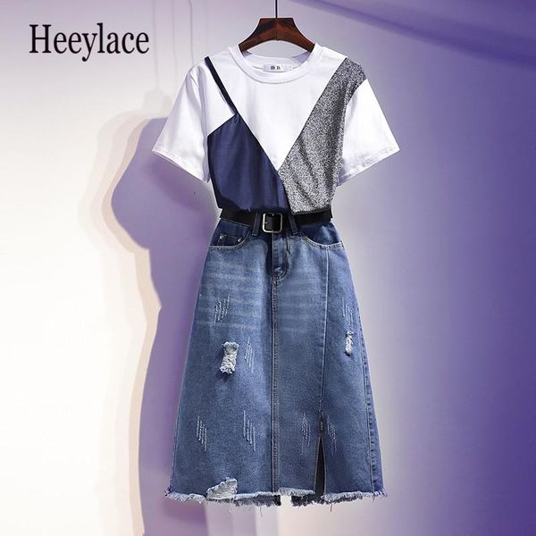 two piece dress plus size women patchwork fashion t shirt and denim skirt set with belt summer korean office ladies, White
two piece dress plus size women patchwork fashion t shirt and denim skirt set with belt summer korean office ladies, White