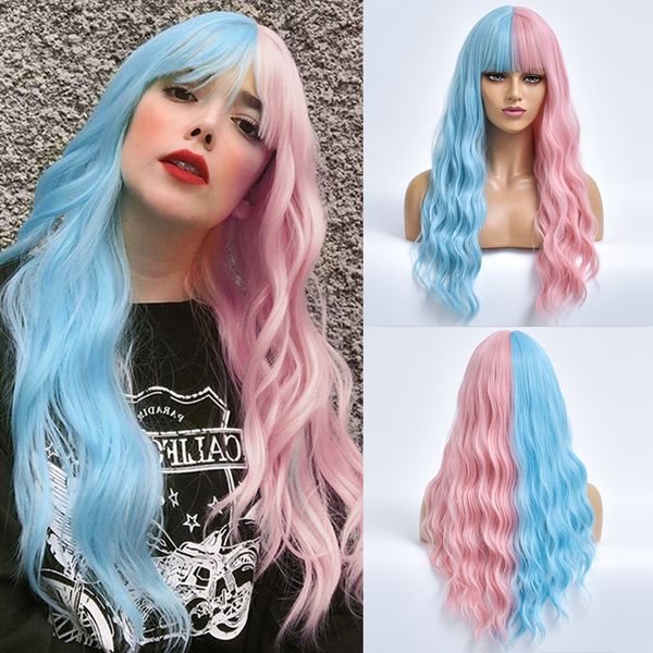 half blue pink long wave cosplay hair synthetic wigs with bangs for white women daily heat resistant natural female fiber wig, Black
half blue pink long wave cosplay hair synthetic wigs with bangs for white women daily heat resistant natural female fiber wig, Black
