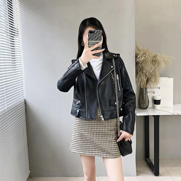 women's leather & faux sheepskin 2021 autumn winter short motorcycle jacket slim lapel, Black
women's leather & faux sheepskin 2021 autumn winter short motorcycle jacket slim lapel, Black