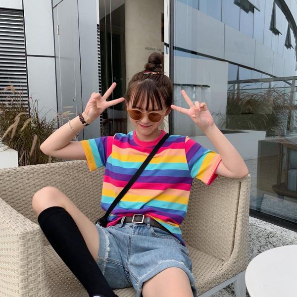 women's t-shirt summer tshirts japan ulzzang lovely rainbow striped lady tunic tee casual kpop female sweet ins chic tshirt for women, White
women's t-shirt summer tshirts japan ulzzang lovely rainbow striped lady tunic tee casual kpop female sweet ins chic tshirt for women, White