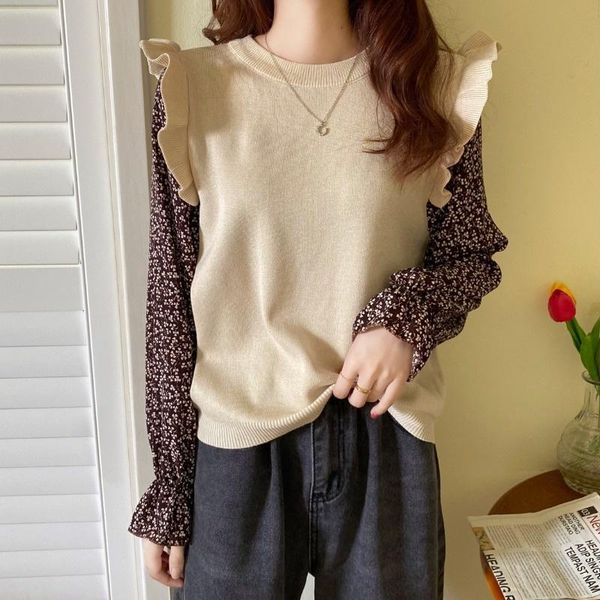 women's sweaters early autumn knitwear 2021 flounced floral long sleeve fake two-piece splicing thin loose top, White;black
women's sweaters early autumn knitwear 2021 flounced floral long sleeve fake two-piece splicing thin loose top, White;black