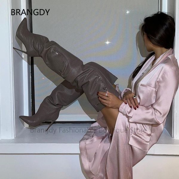 boots 2021 faux leather cargo wader thigh-high boot pointed toe taupe bubble textured combat pockets woman thin heels botas mujer, Black 
boots 2021 faux leather cargo wader thigh-high boot pointed toe taupe bubble textured combat pockets woman thin heels botas mujer, Black