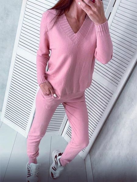 women's two piece pants 2021 product fashion casual sports suit solid color v-neck sweater two-piece, White
women's two piece pants 2021 product fashion casual sports suit solid color v-neck sweater two-piece, White
