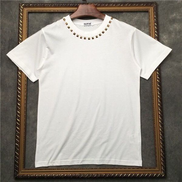 men and women tee nph summer 100% cotton short-sleeved neckline three-dimensional metal color nail loose t-shirt tee, White;black
men and women tee nph summer 100% cotton short-sleeved neckline three-dimensional metal color nail loose t-shirt tee, White;black