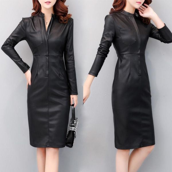 casual dresses 2021 women's long sleeve clubwear zipper female black fitting pu leather clothing ladies fashion vintage vestidos q189, Black;gray
casual dresses 2021 women's long sleeve clubwear zipper female black fitting pu leather clothing ladies fashion vintage vestidos q189, Black;gray