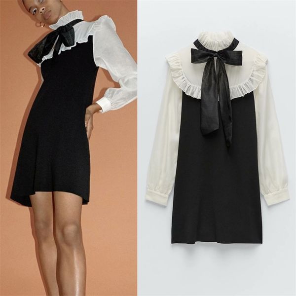 women summer sweet mini dress long sleeve knitting spliced bow tie female fashion elegant street a-line dresses vestidos 210513, Black;gray
women summer sweet mini dress long sleeve knitting spliced bow tie female fashion elegant street a-line dresses vestidos 210513, Black;gray