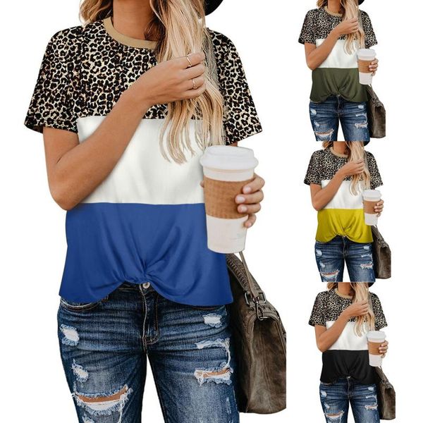 spring and summer women's leopard pattern stitching round neck knot short sleeve t-shirt, White
spring and summer women's leopard pattern stitching round neck knot short sleeve t-shirt, White