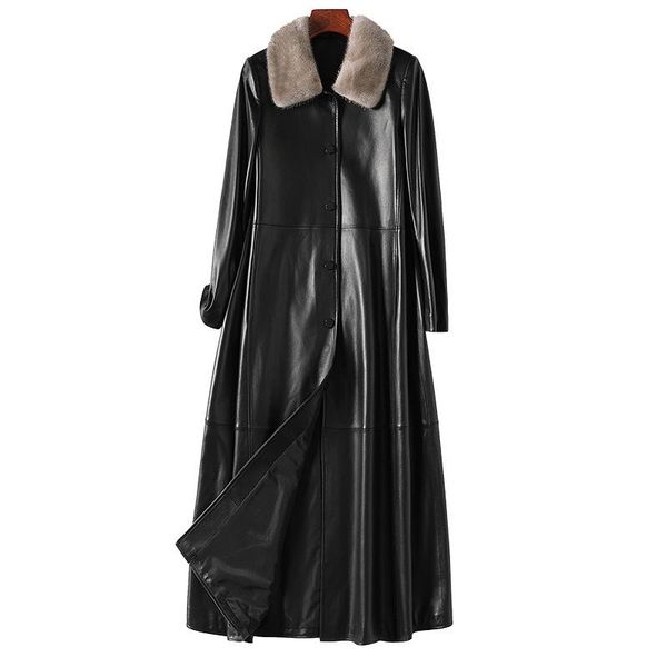 women's leather & faux women real 100% sheepskin skirt's hemline coat collar jackets long loose overcoat for autumn winter 2021, Black 
women's leather & faux women real 100% sheepskin skirt's hemline coat collar jackets long loose overcoat for autumn winter 2021, Black
