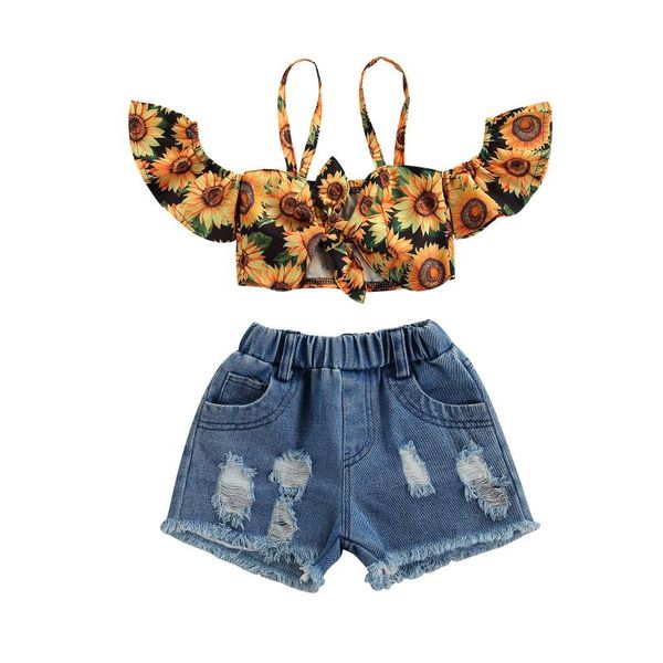 1-7y lovely infant girls clothes sets 2pcs sunflowers printed off shoulder strap t shirts denim shorts clothing, White
1-7y lovely infant girls clothes sets 2pcs sunflowers printed off shoulder strap t shirts denim shorts clothing, White