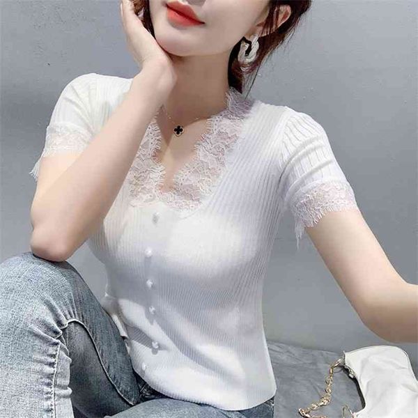 summer womens knitting lace stitching t-shirts short sleeves solid color v neck women t shirt 210507, White
summer womens knitting lace stitching t-shirts short sleeves solid color v neck women t shirt 210507, White