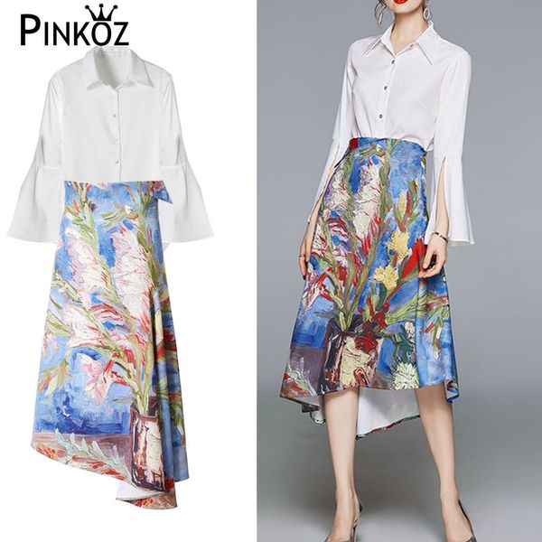 two pieces set for women painting printed high waist designer style white flare sleeve blouse shirt midi skirt mujer chic 210421
two pieces set for women painting printed high waist designer style white flare sleeve blouse shirt midi skirt mujer chic 210421
