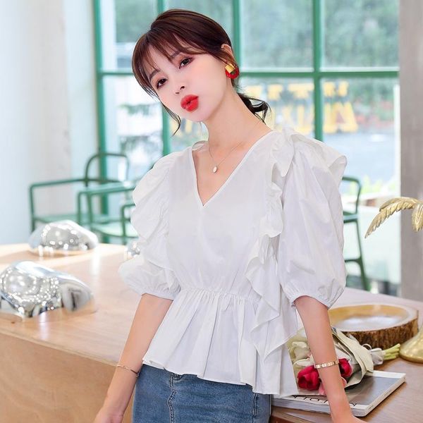 women's blouses & shirts korean version chiffon shirt for women summer ruffle stitching v-neck puff sleeve sweet fashion slim ladies�, White
women's blouses & shirts korean version chiffon shirt for women summer ruffle stitching v-neck puff sleeve sweet fashion slim ladies�, White