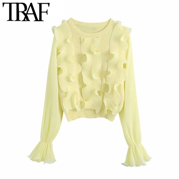 women fashion with ruffled patchwork knitted sweater vintage o neck long sleeve female pullovers chic 210507, White;black
women fashion with ruffled patchwork knitted sweater vintage o neck long sleeve female pullovers chic 210507, White;black