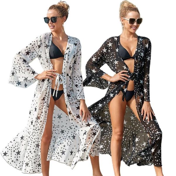 women's swimwear women bikini swimsuit cover up open front maxi long kimono cardigan five-pointed star print chiffon ruffled beach dres, White;black
women's swimwear women bikini swimsuit cover up open front maxi long kimono cardigan five-pointed star print chiffon ruffled beach dres, White;black