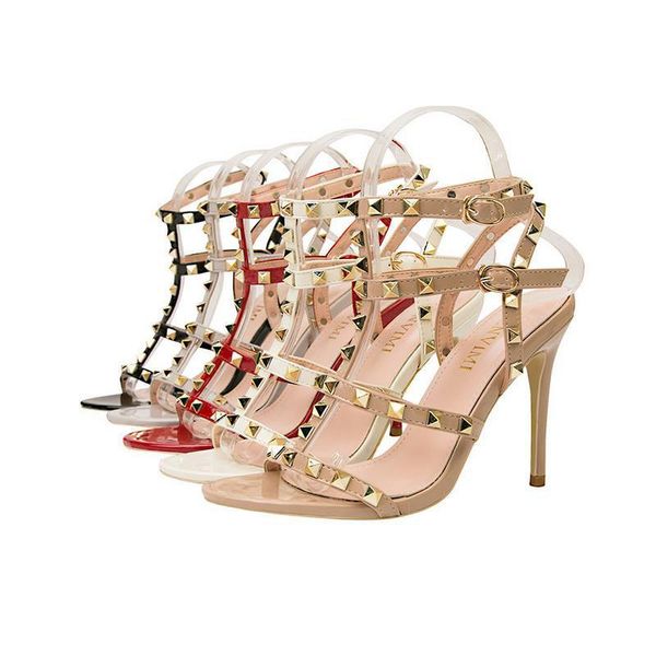 sandals retro lacquer metal rivet thin high heels women shoes, Black
