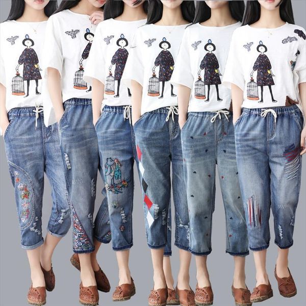 summer korea fashion jeans women capri cartoon embroidery loose denim harem elastic waist ripped hole calf length mujer, Black;white
summer korea fashion jeans women capri cartoon embroidery loose denim harem elastic waist ripped hole calf length mujer, Black;white