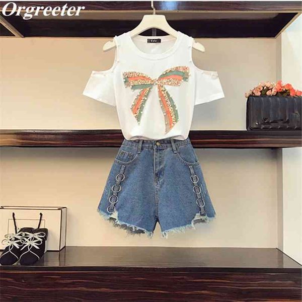 plus size two piece set women off shoulder bow beaded short sleeve tshirt + metal ring deco denim shorts suits female 210602, White
plus size two piece set women off shoulder bow beaded short sleeve tshirt + metal ring deco denim shorts suits female 210602, White