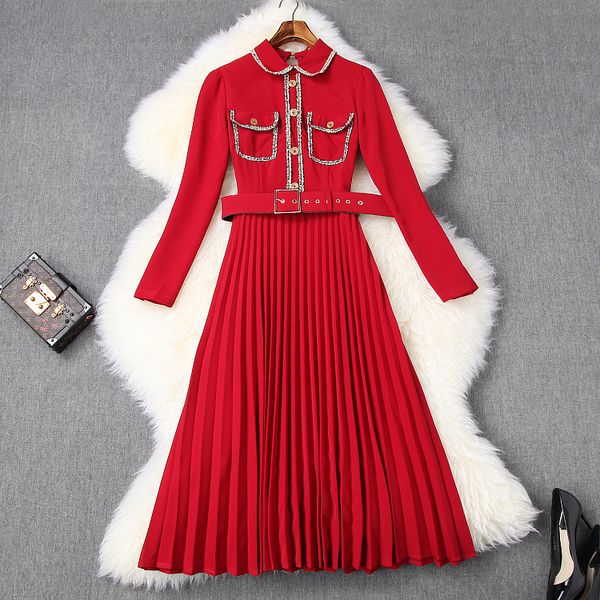 dresses spring for european and american women's wear long sleeve lapel fashion belt red pleated dress lyl6, Black;gray
dresses spring for european and american women's wear long sleeve lapel fashion belt red pleated dress lyl6, Black;gray