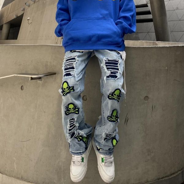 men's jeans harajuku frayed skull embroidery ripped hole washed mens streetwear straight vibe style oversized casual denim trousers, Blue
men's jeans harajuku frayed skull embroidery ripped hole washed mens streetwear straight vibe style oversized casual denim trousers, Blue