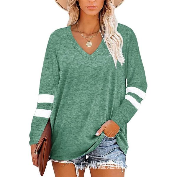 women's t-shirt solid color v-neck striped stitching long-sleeved loose for women ladies clothes tees blended, White
women's t-shirt solid color v-neck striped stitching long-sleeved loose for women ladies clothes tees blended, White