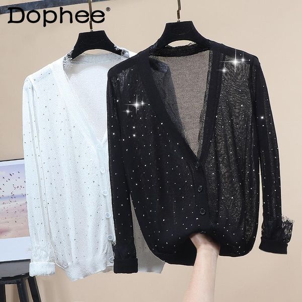 women's knits & tees fashion diamond v-neck thin knitted sweater women 2021 summer chic lace stitching sun protection oversized cardig, White
women's knits & tees fashion diamond v-neck thin knitted sweater women 2021 summer chic lace stitching sun protection oversized cardig, White
