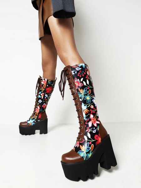 boots square head flower texture cross strap punk style women's thick-soled knee-length super high platform heel, Black
boots square head flower texture cross strap punk style women's thick-soled knee-length super high platform heel, Black