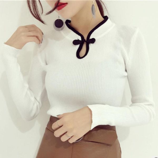 women's sweaters long sleeved sweater retro cheongsam knitwear stand collar bottoming, White;black
women's sweaters long sleeved sweater retro cheongsam knitwear stand collar bottoming, White;black