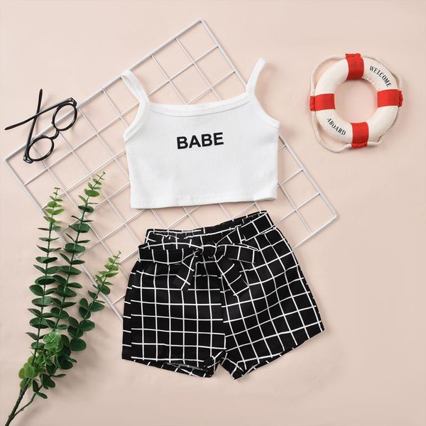 summer kids baby girls clothes set letter print sleeveless cropped plaid short pants clothing, White