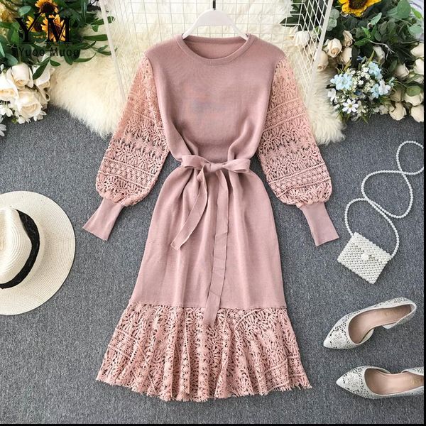 romantic lace crochet knitted womens dress pink party autumn winter elegant long sleeve sashes bandage ladies, Black;gray
romantic lace crochet knitted womens dress pink party autumn winter elegant long sleeve sashes bandage ladies, Black;gray