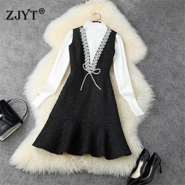 women autumn winter long sleeve white pullover knit and diamonds tweed dress suit elegant party robe femme trumpet vetidos 210601, Black;gray
women autumn winter long sleeve white pullover knit and diamonds tweed dress suit elegant party robe femme trumpet vetidos 210601, Black;gray