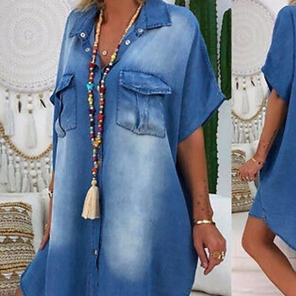 h40 turn down collar denim womens dress mini plus size asymetric batwing short sleeve party casual loose vintage dresses, Black;gray
h40 turn down collar denim womens dress mini plus size asymetric batwing short sleeve party casual loose vintage dresses, Black;gray