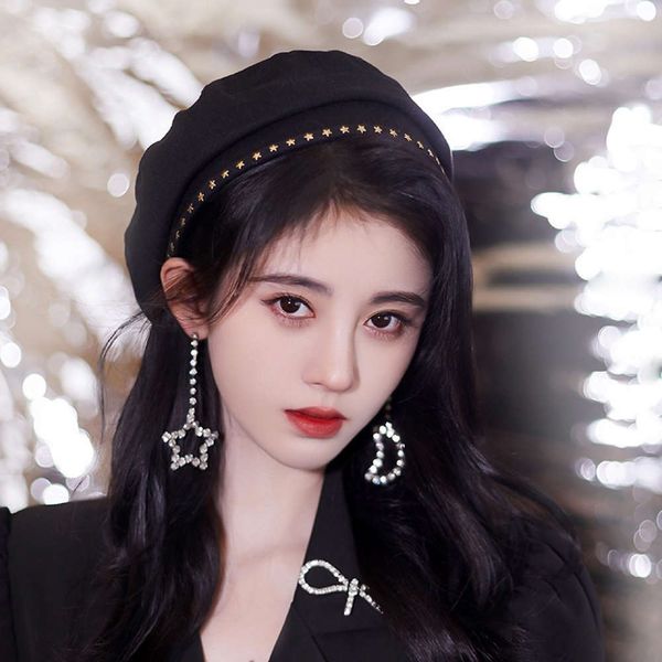 sun hat artist's female ju jingyi same black star decoration hat art versatile fashion beret, Blue;gray
sun hat artist's female ju jingyi same black star decoration hat art versatile fashion beret, Blue;gray