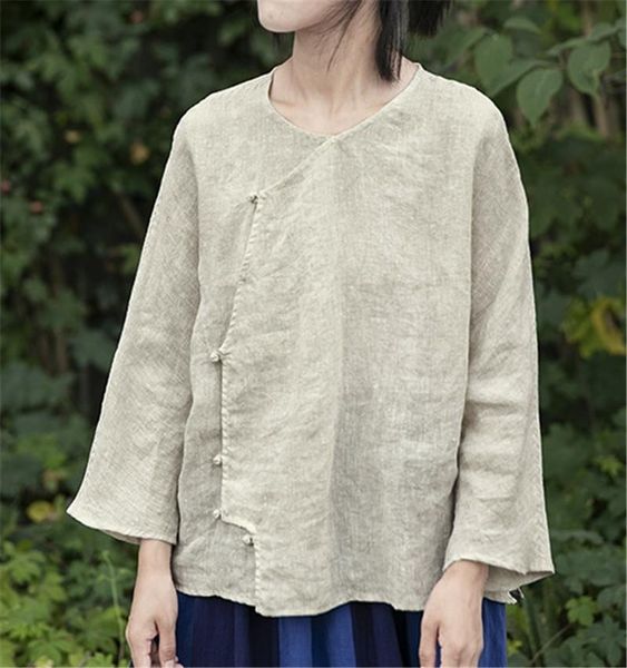 women's blouses & shirts original retro shirt loose pure linen oblique placket button short top, White
women's blouses & shirts original retro shirt loose pure linen oblique placket button short top, White