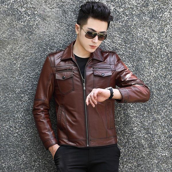 men's leather & faux lhfff genuine motorcycle head-layer cowhide youth jacket autumn style lapel fashion trend, Black
men's leather & faux lhfff genuine motorcycle head-layer cowhide youth jacket autumn style lapel fashion trend, Black