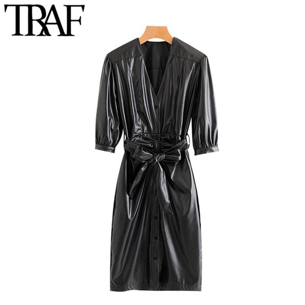 traf women chic fashion with belt faux leather pleated midi dress vintage puff sleeve button-up female dresses vestidos 210415, Black;gray
traf women chic fashion with belt faux leather pleated midi dress vintage puff sleeve button-up female dresses vestidos 210415, Black;gray